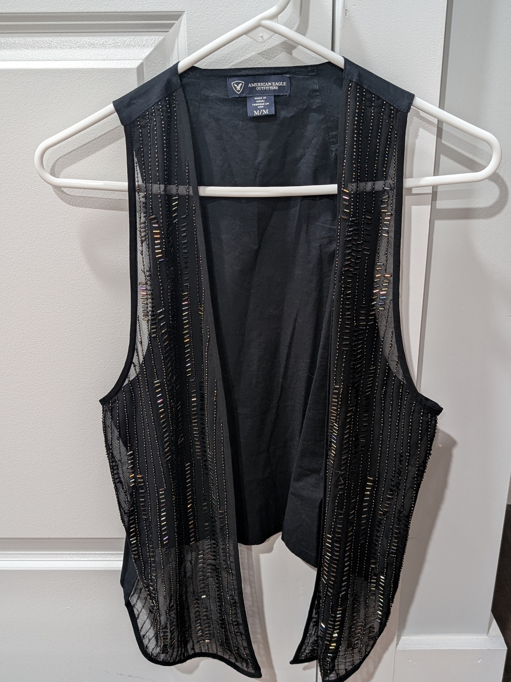 American Eagle Outfitters Black Sheer Beaded Open-Front Vest